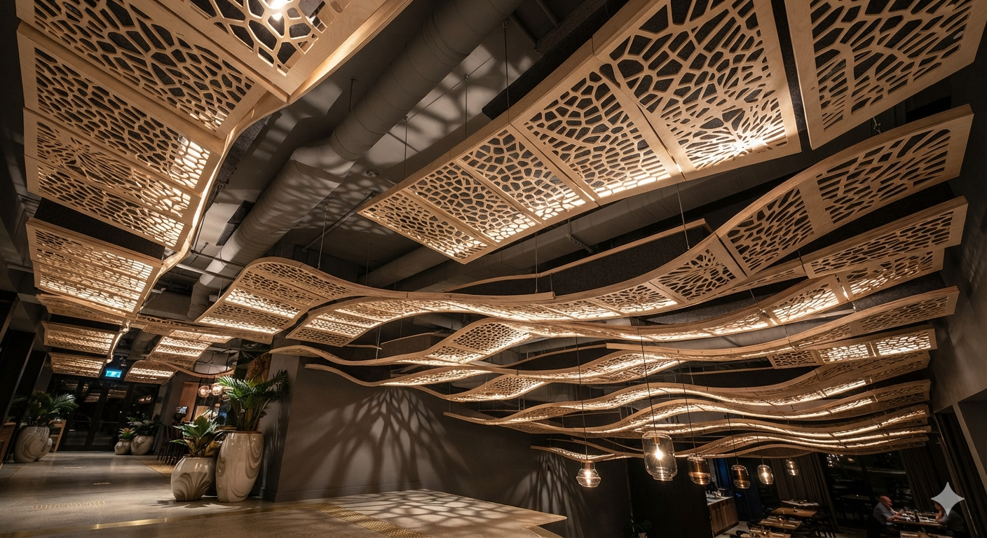 Perforated CNC-cut ceiling rafts in a hospitality interior, from below