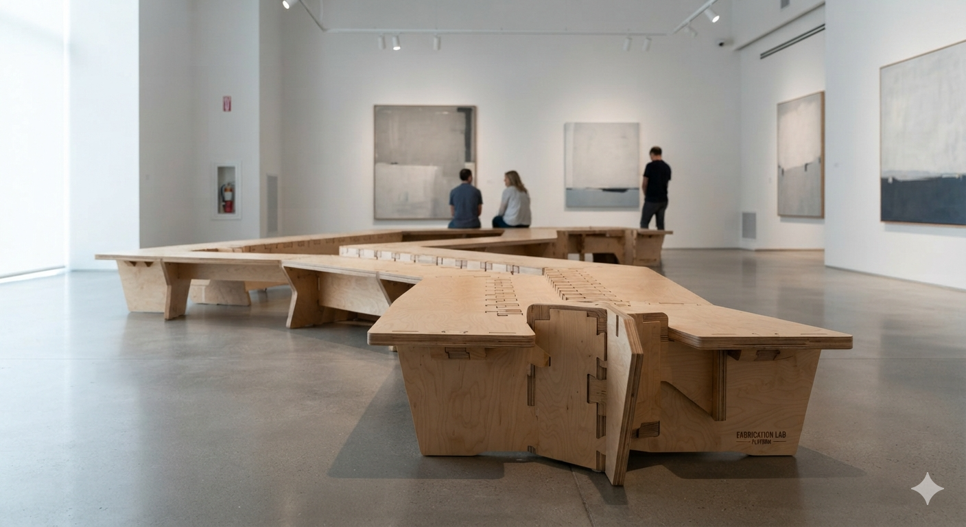 CNC-jointed plywood bench seating in a gallery space