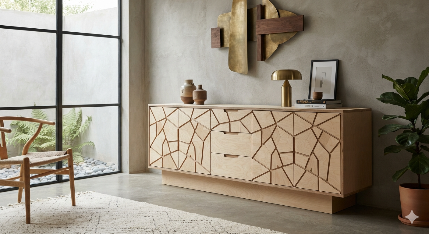 Finished bespoke plywood sideboard in a design-led interior