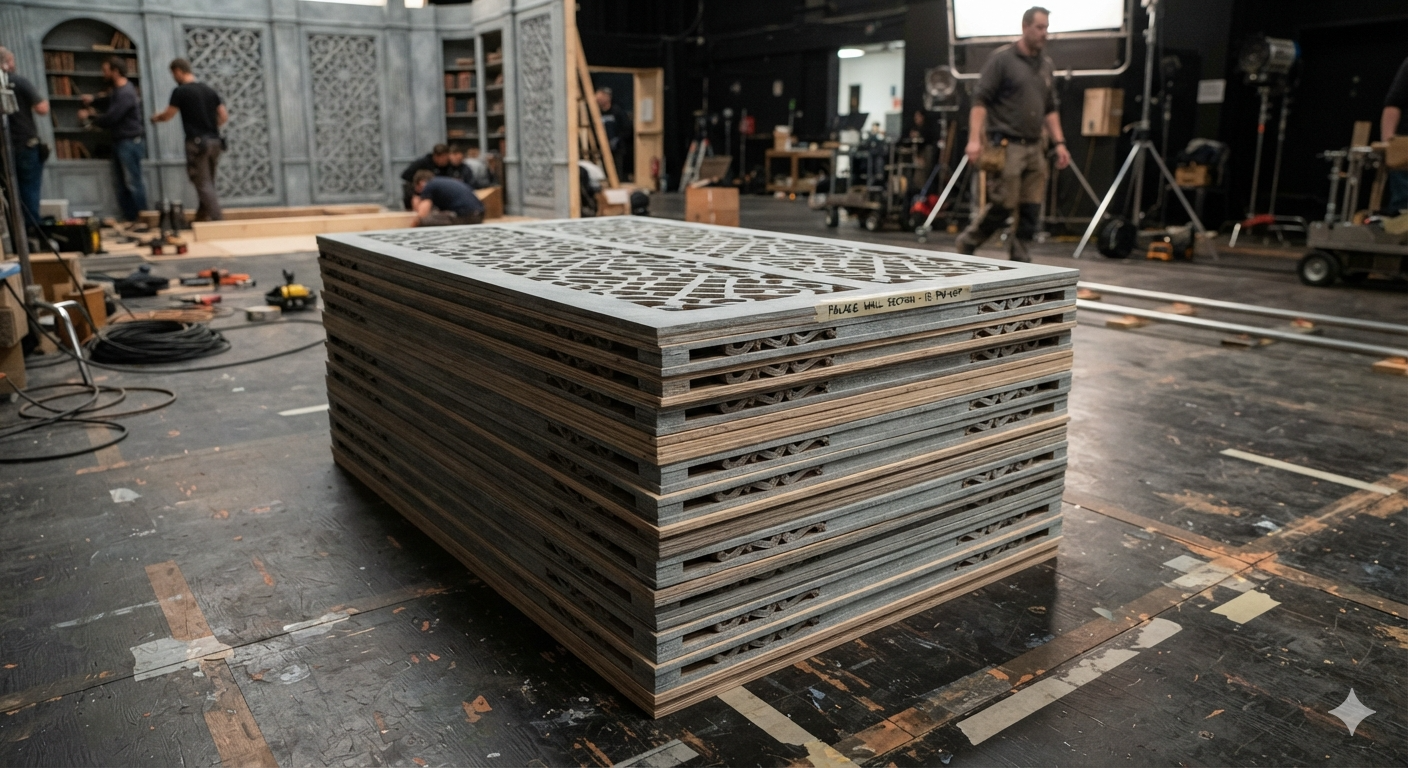 Stack of identical CNC-cut scenic panels on a film set floor