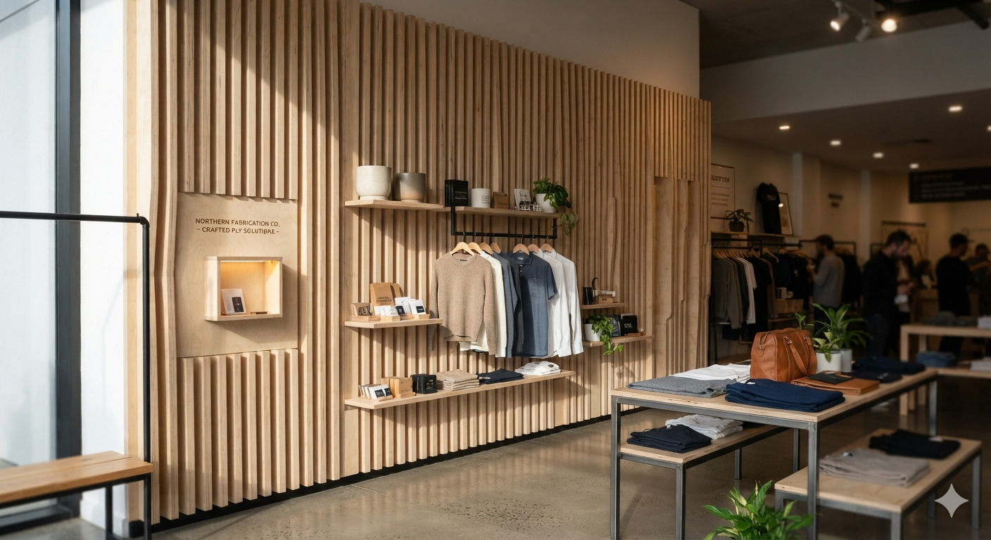 Machined birch ply slat wall installed in a retail fit-out, raking light
