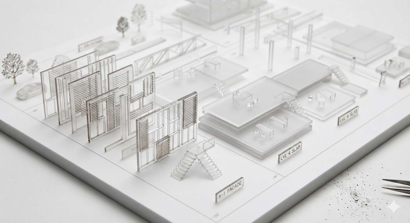 Fine-detail acrylic architectural model components on a white base