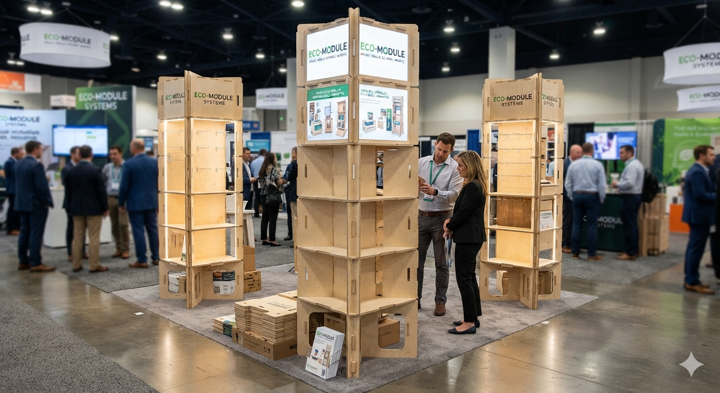 Flat-pack interlocking display towers assembled on a trade show floor