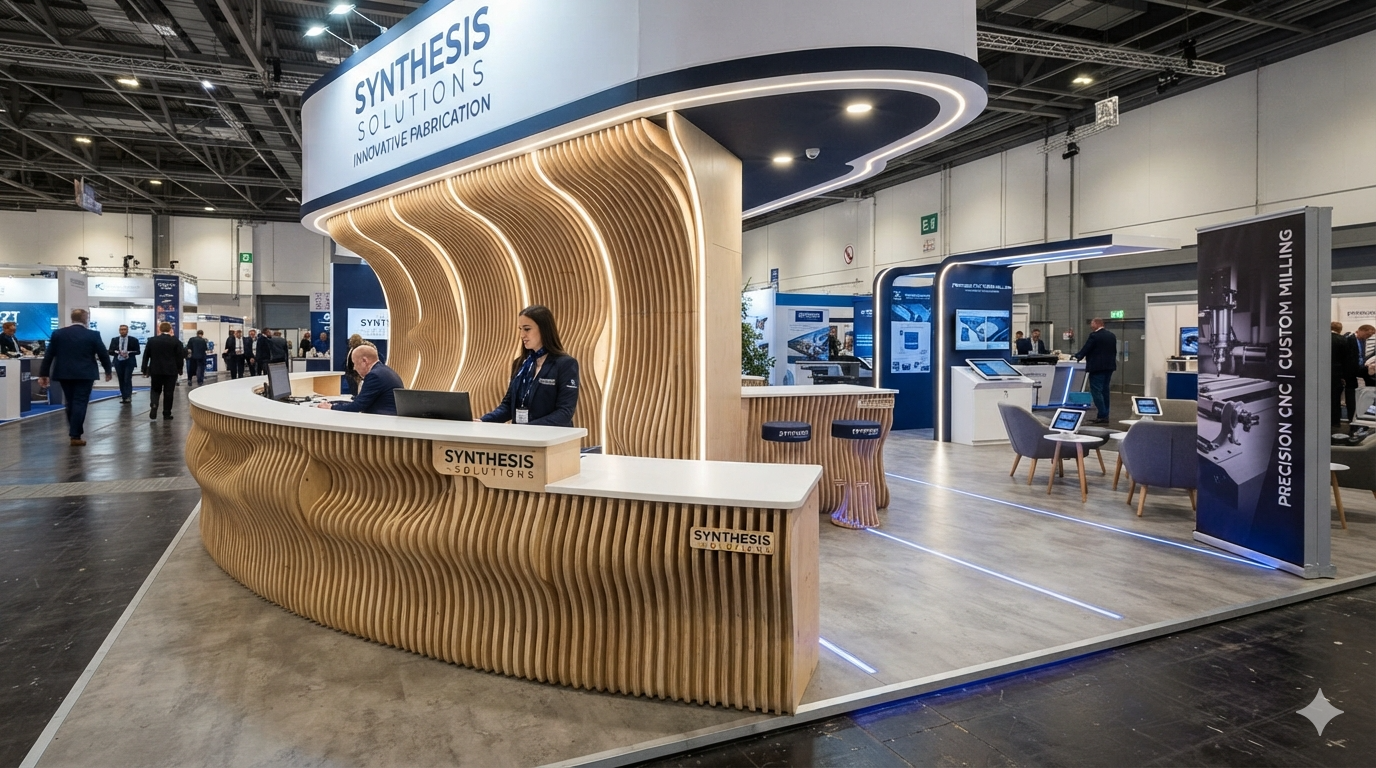 Curved CNC-cut reception desk on an exhibition stand, wide shot