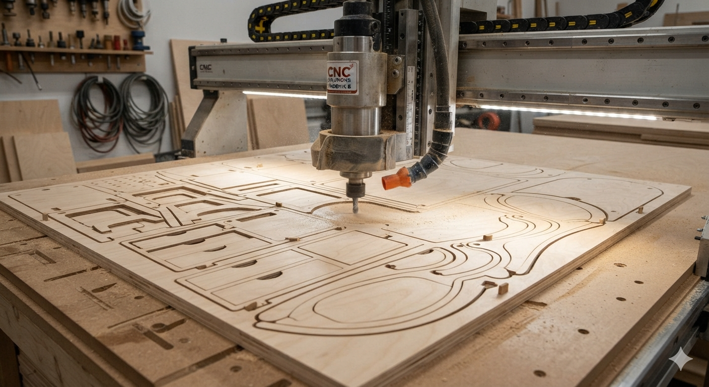 CNC cutting head mid-pass over nested plywood parts